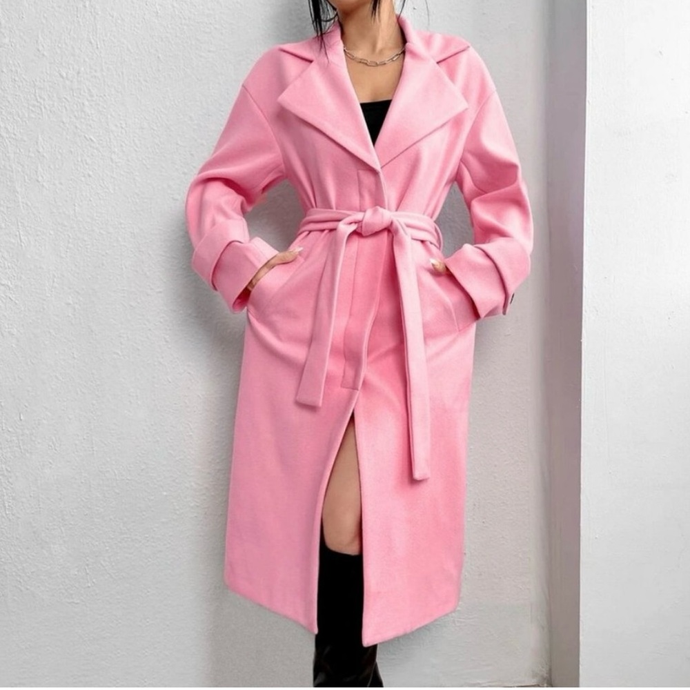 Bubblegum Pink Lapel Neckline Belted Long Overcoat Jacket